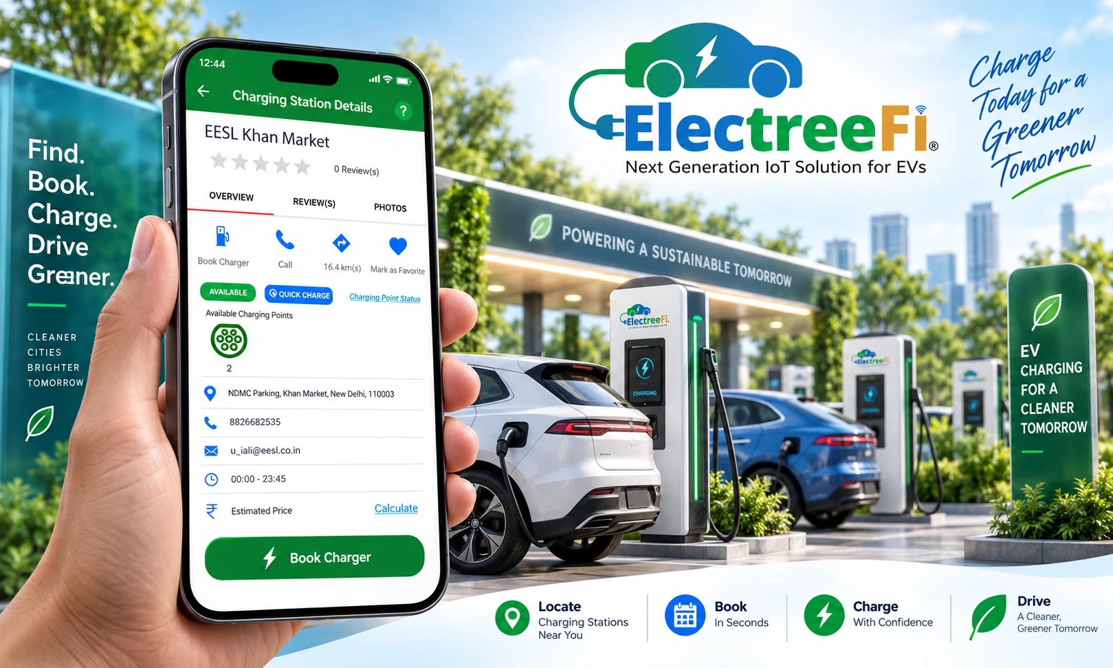 ElectreeFi EV charging app showing charging station details with book charger and quick charge options